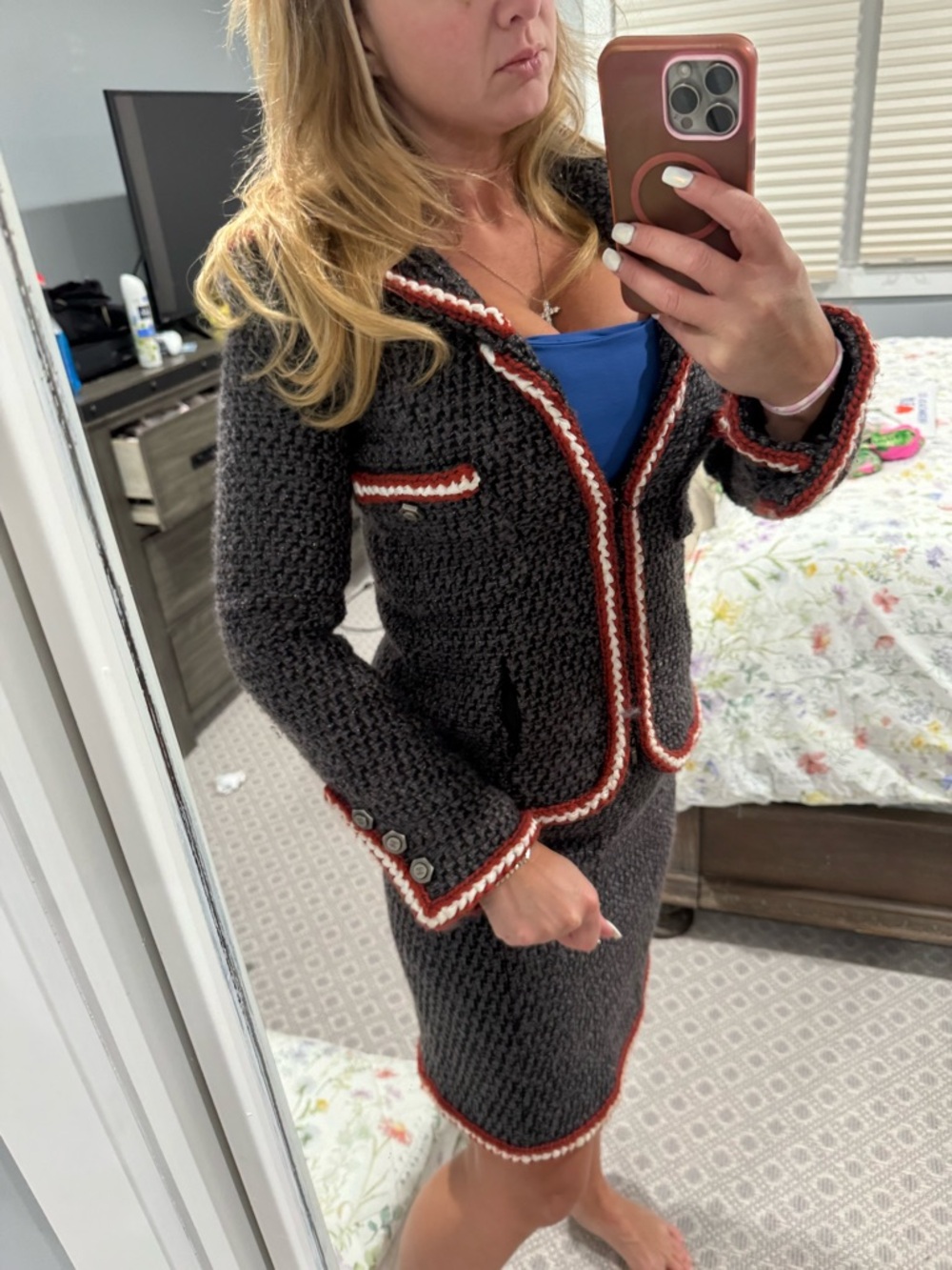 CHANEL Charcoal Knit Two-Piece Suit with Red and White Trim